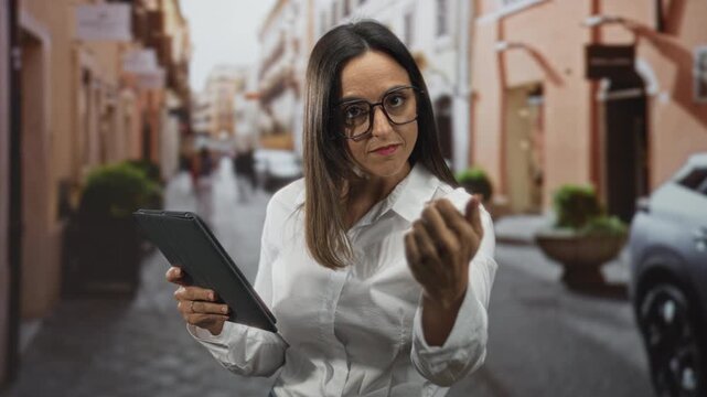 Woman wearing glasses and white shirt holding a tablet and beckoning with her hand on a narrow cobblestone street; authority instruction guidance.