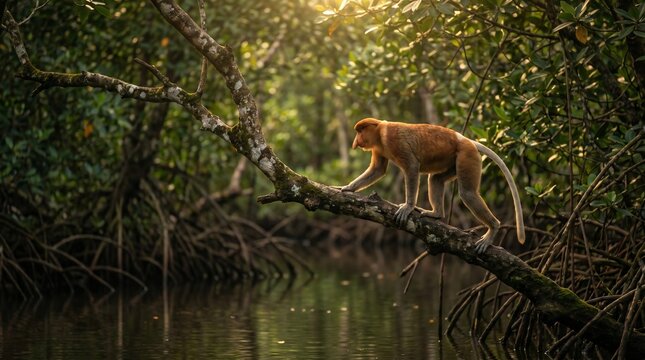 Proboscis monkey walking on a tree branch in a sunlit mangrove forest