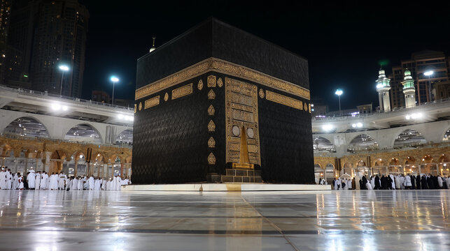 Majestic low-angle view of the Holy Kaaba illuminated at night in Masjid al-Haram, Mecca.