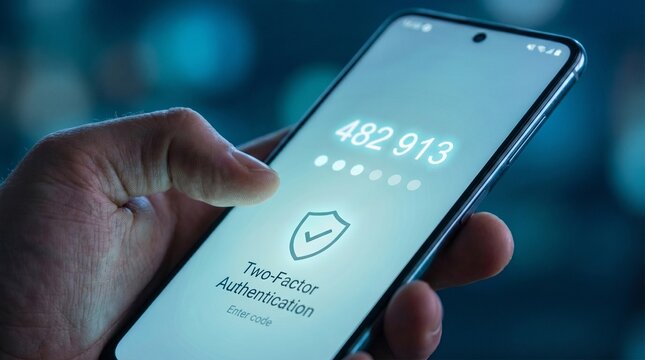 Hand holding smartphone with two-factor authentication code and security shield on screen