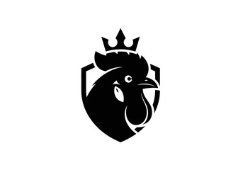 Rooster head logo with crown on shield emblem © yan