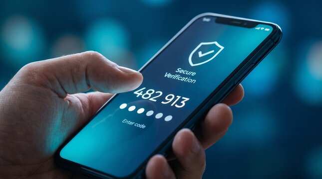 Hand holding smartphone with secure two factor authentication verification code on screen