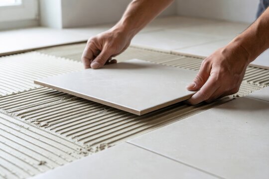 Hands of a skilled worker meticulously placing a light-colored tile onto a floor with fresh adhesive during home renovation.