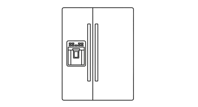 An illustration of a refrigerator with ice maker and water dispenser on the front door in a domestic kitchen setting with modern appliances