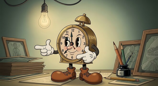 Whimsical Clock Character in Retro Cartoon Style.