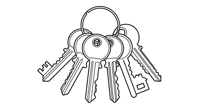 The set of various old and new metal keys hanging on a shiny ring is shown closely up high.