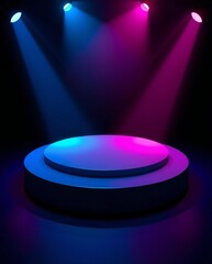 Empty stage with vibrant blue and pink spotlights illuminating the circular platform