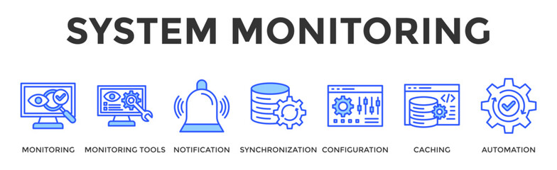 System Monitoring  Banner Web  Icon Set Collection Pack Vector Illustration Concept Containing Monitoring, Monitoring Tools, Notification, Synchronization, Configuration, Caching, Automation © Kholifah rokhman