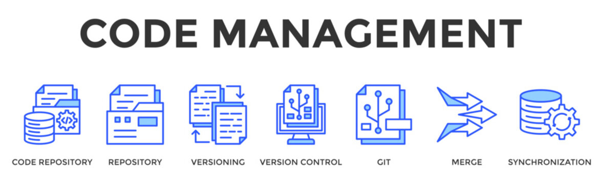 Code Management  Banner Web  Icon Set Collection Pack Vector Illustration Concept Containing Code Repository, Repository, Versioning, Version Control, Git, Merge, Synchronization
