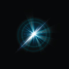 Obraz premium Cyan starburst with circular light rings and shimmering dust.
