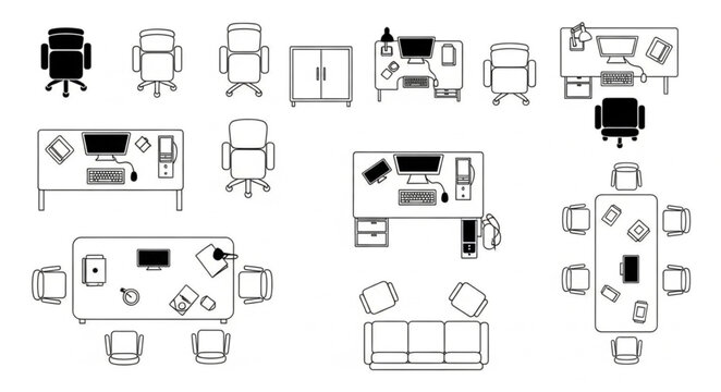Top view office furniture and layout plan elements.
