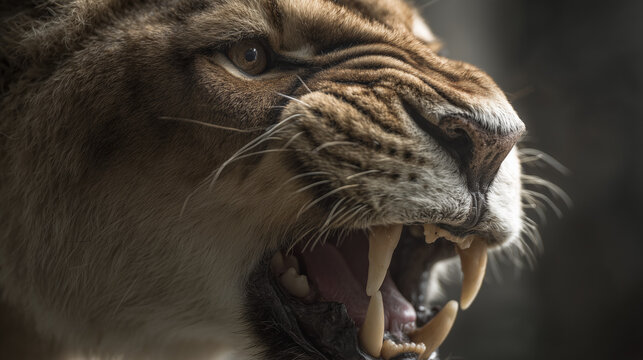 Close-up of a snarling sabertooth tiger showing sharp fangs, fierce prehistoric big cat predator portrait.