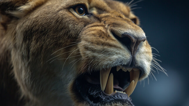 Close-up of a snarling sabertooth tiger with sharp fangs, prehistoric big cat predator concept portrait.