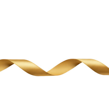 Single continuous strand of gold satin ribbon arranged in a graceful s-curve with a notched fishtail end against a transparent background, elegant luxury mood