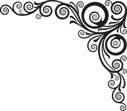 Black floral swirl border, decorative corner frame, vector illustration, elegant scroll design