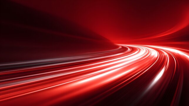 Long exposure light trails of red and white glowing streaks on dark background. High speed motion concept for technology.