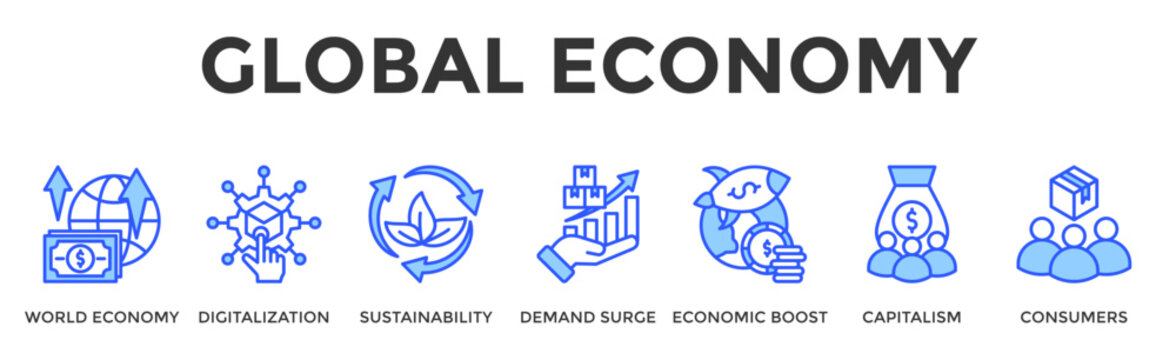 Global Economy  Banner Web  Icon Set Collection Pack Vector Illustration Concept Containing World Economy, Digitalization, Sustainability, Demand Surge, Economic Boost, Capitalism, Consumers