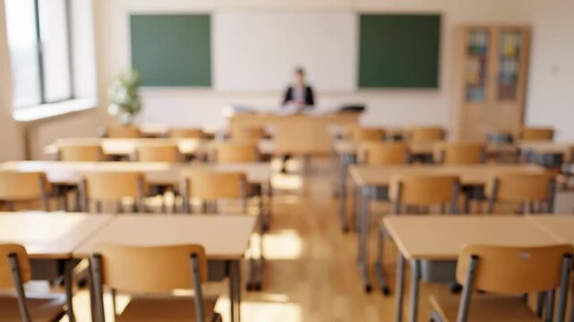 A bright, empty classroom with rows of wooden desks and chairs, a blurred teacher at the front.