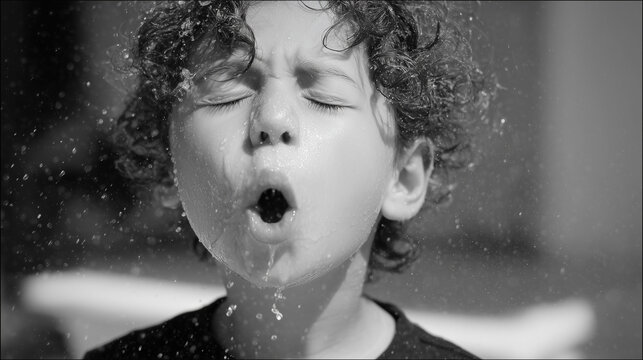 Black and white portrait of a curly-haired boy getting splashed with water, refreshing summer childhood concept.