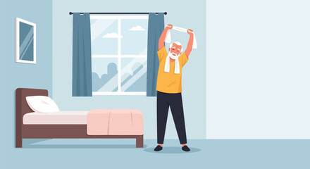Fototapeta premium Senior Man Doing Morning Stretching Exercises in Bedroom Illustration