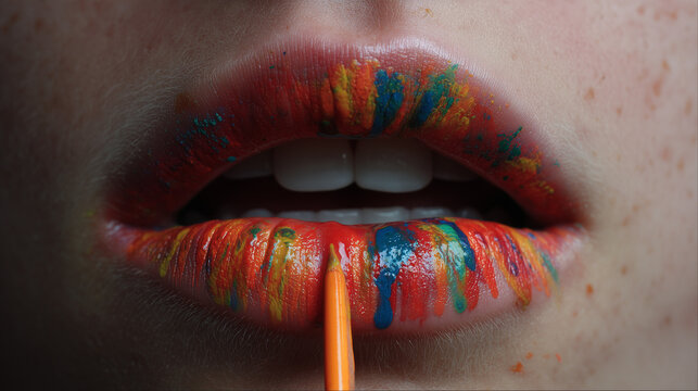 Close-up of lips painted with colorful artistic drips using a brush, creative makeup and beauty concept.