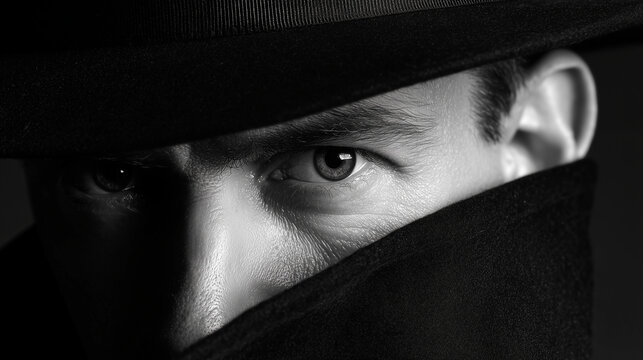 Mysterious man in a fedora hat hiding his face behind a high collar, black and white film noir spy portrait.