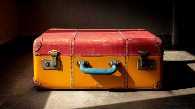 Worn vintage red and yellow suitcase with blue handle under dramatic light, retro travel luggage concept.