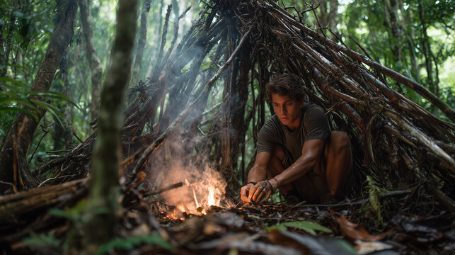 Young man building a campfire inside a handmade branch shelter in a lush jungle, survival adventure concept.