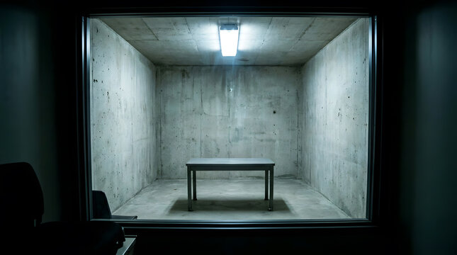 Bare concrete room with a single table under bright overhead lighting conveying a sense of confinement or interrogation setting for dramatic or suspenseful storytelling applications in media and