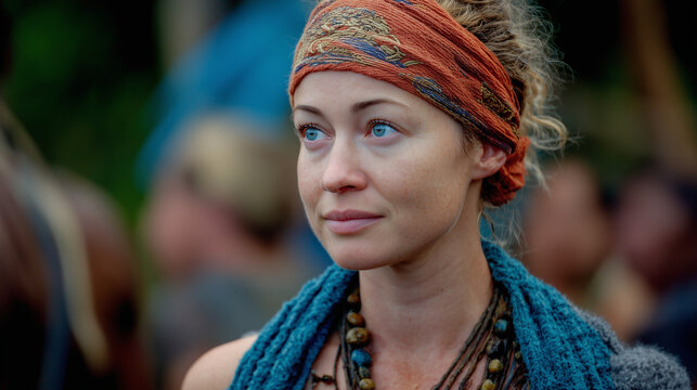Close-up portrait of a determined woman with blue eyes wearing a bandana outdoors, adventure survival concept.