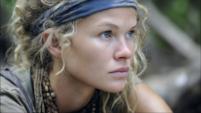 Close-up portrait of a determined young woman with blonde curly hair in the wilderness, survival concept.