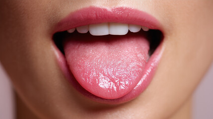 Naklejka premium Extreme close-up of a woman showing her tongue with clean white teeth and pink lips, oral health and hygiene concept.