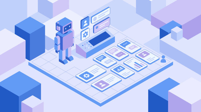 Isometric Robot Interacting with Digital Interface and Data Management System.