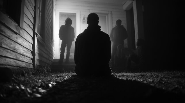 Black and white dramatic silhouette of a person looking at mysterious figures by a lit doorway at night.