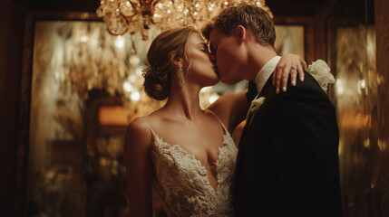 Naklejka premium Romantic kiss of a bride and groom under a crystal chandelier at a luxury wedding reception, elegance concept.