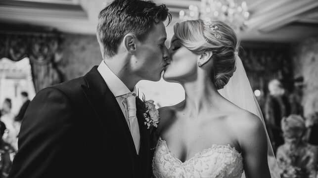 Black and white portrait of a bride and groom kissing at their wedding reception, timeless romance concept.