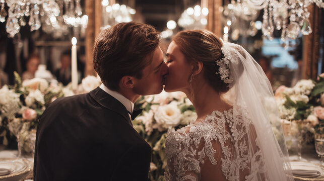 Romantic kiss of a bride and groom at a luxurious wedding reception with elegant chandeliers and flowers.