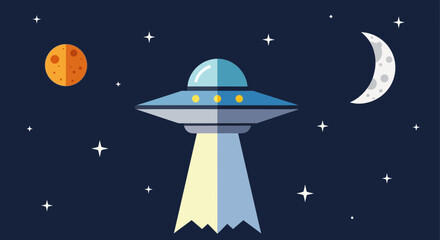 Flying Saucer UFO in Outer Space with Moon, Planet and Stars © Untung