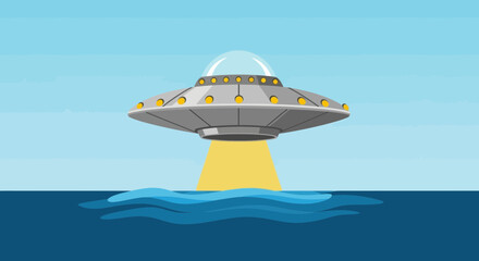 Flying Saucer UFO Hovering Over Ocean Water with Light Beam © Untung