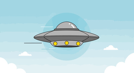 Flying Saucer UFO in the Sky with Clouds - Flat Design Illustration © Untung