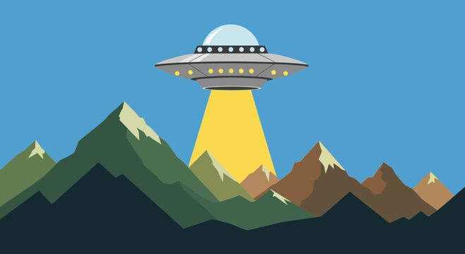 Flying Saucer UFO Beam Lights Over Mountain Landscape, Sci-Fi Alien Invasion Concept