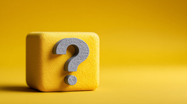 Grey question mark on a yellow cube over a bright yellow background, concept of doubt, FAQ or support.
