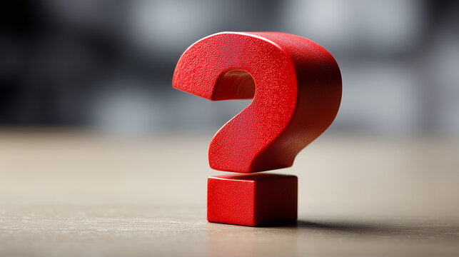 Red question mark standing on a wooden surface, concept of doubt, decision or FAQ.