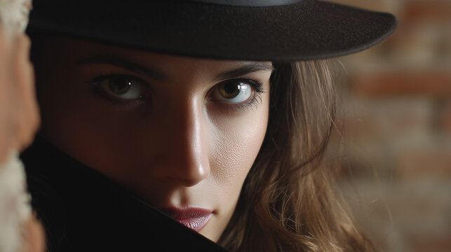 Close-up cinematic portrait of a mysterious woman in a black hat with an intense gaze, spy concept.