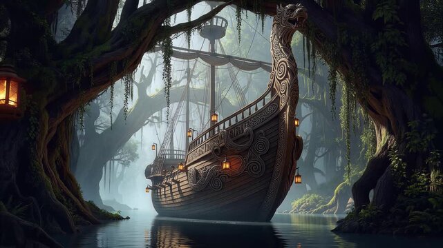 Mystical Viking Ship in Enchanted Forest River Scene.