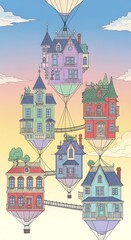 Fototapeta premium Whimsical Flying Houses - A Colorful Fantasy Illustration of Floating Homes.