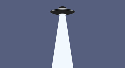 UFO abduction beam light descending from flying saucer against dark blue sky © Untung
