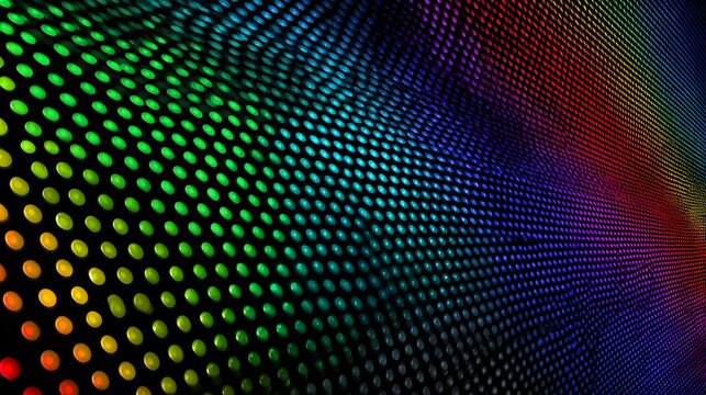 Vibrant rainbow LED screen texture with glowing circular pixel dots. Perspective view of a colorful digital display panel.