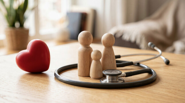 Family Health Insurance Concept with Wooden Figures, Red Heart, and Stethoscope on Wooden Table Background