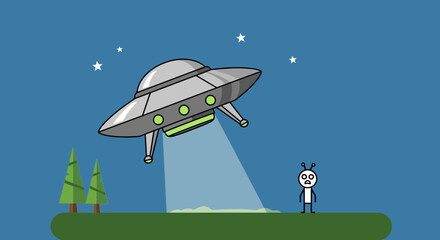Alien Abduction UFO Flying Saucer Beam Light Nature Night Sky Stars Trees © Untung